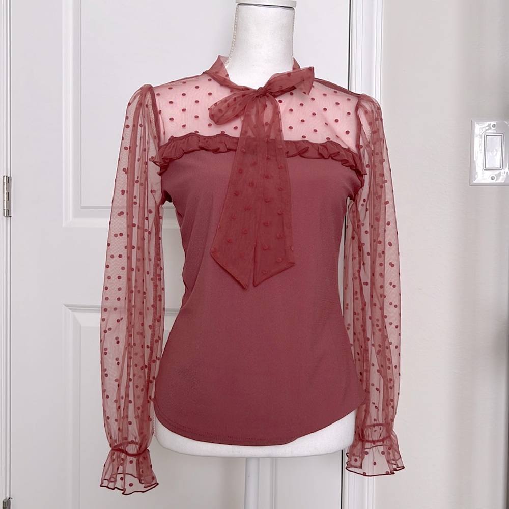 Mauve Tie Neck Dotted Sheer Sleeve Top Size Medium